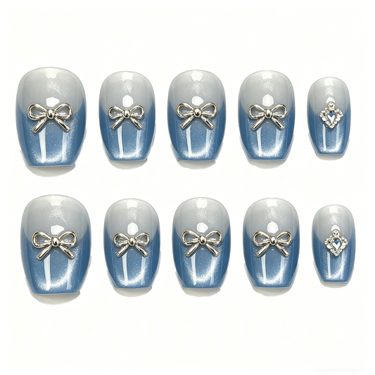 Blue White Gradient Silver Bow Square Nails