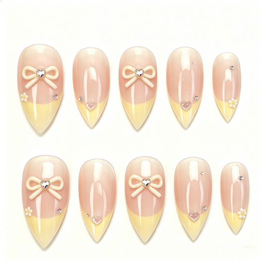 Milk Yellow Bow French Almond Nails