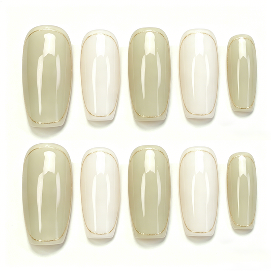 Olive Green Gold Line Press On Nails
