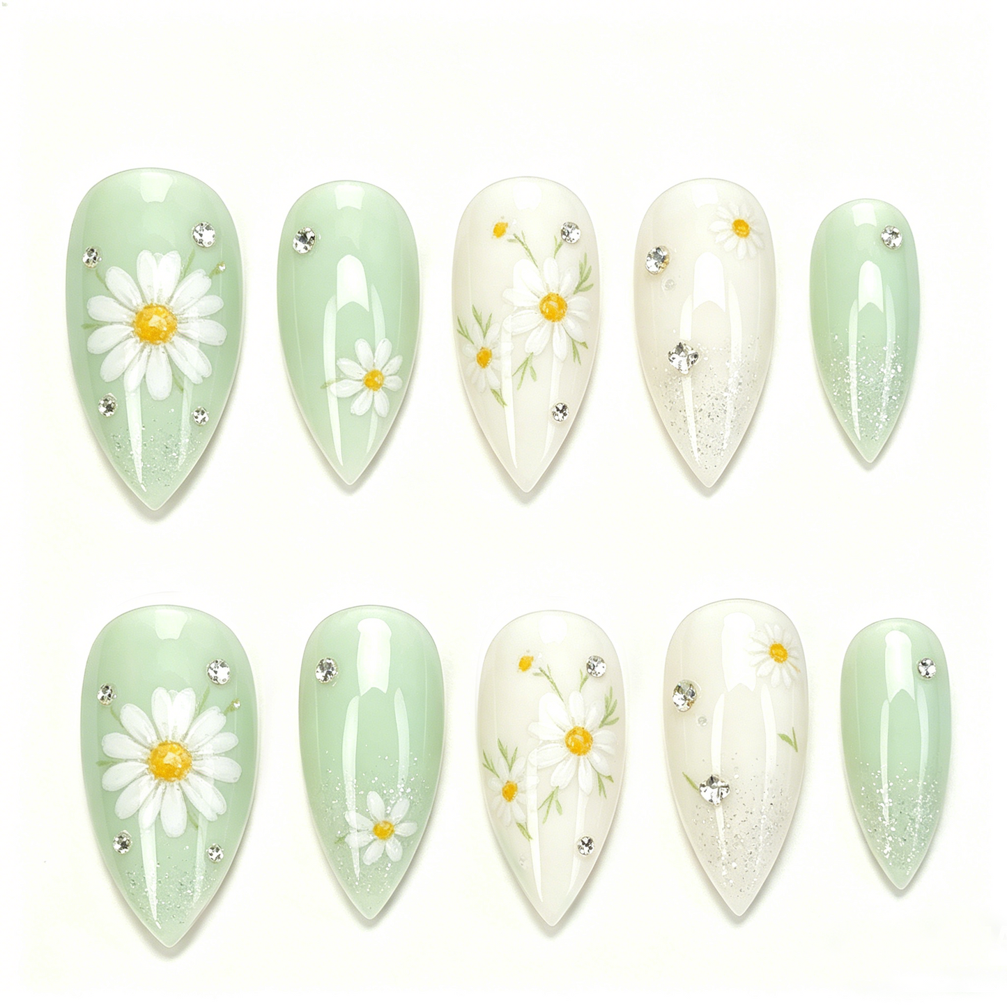 Hand-painted Daisy Gradient Almond Nails
