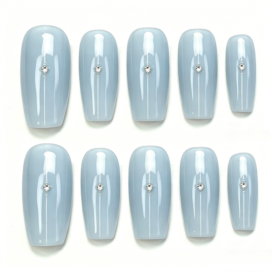 Dusty Blue Crystal Accent Press On Nails