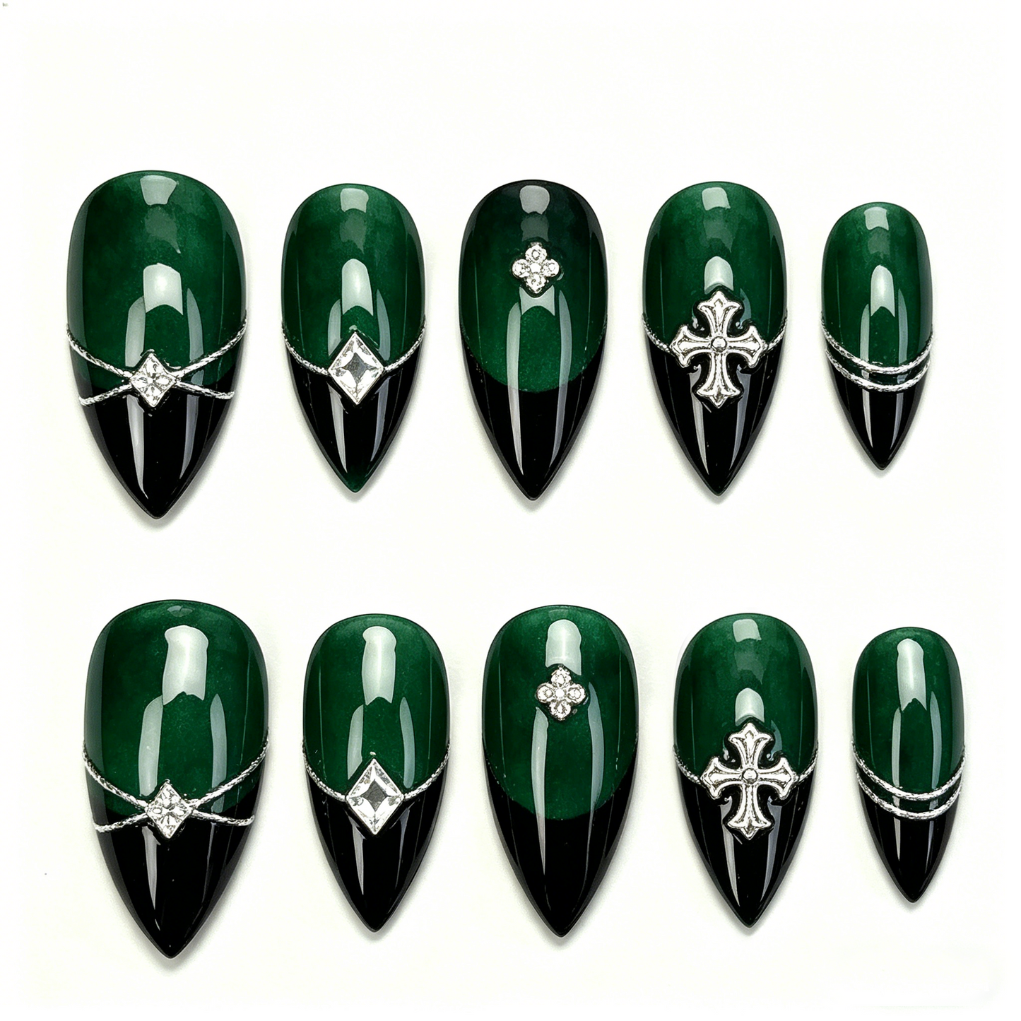 Dark Green Gothic Cross Cool Almond Nails