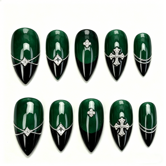 Dark Green Gothic Cross Cool Almond Nails