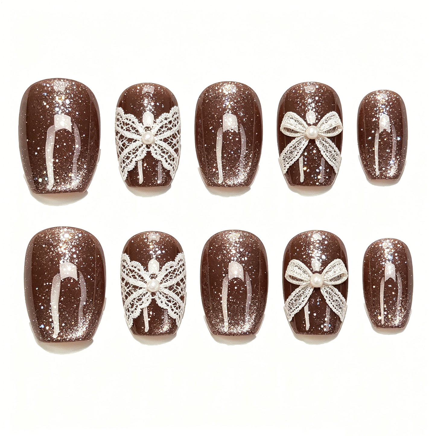 Brown Lace Bow Glitter Square Press On Nails