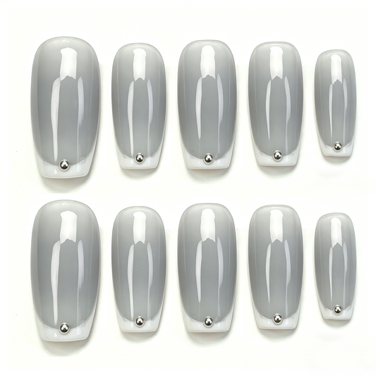 Grey French Silver Stud Press On Nails