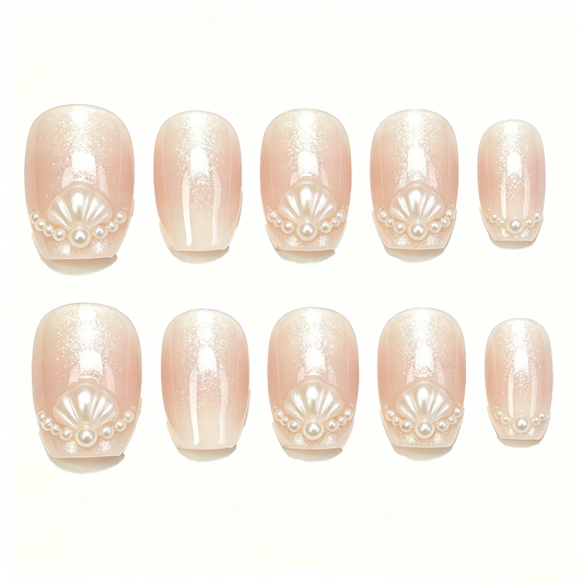 Nude Seaside Shell Pearl Round Press On Nails