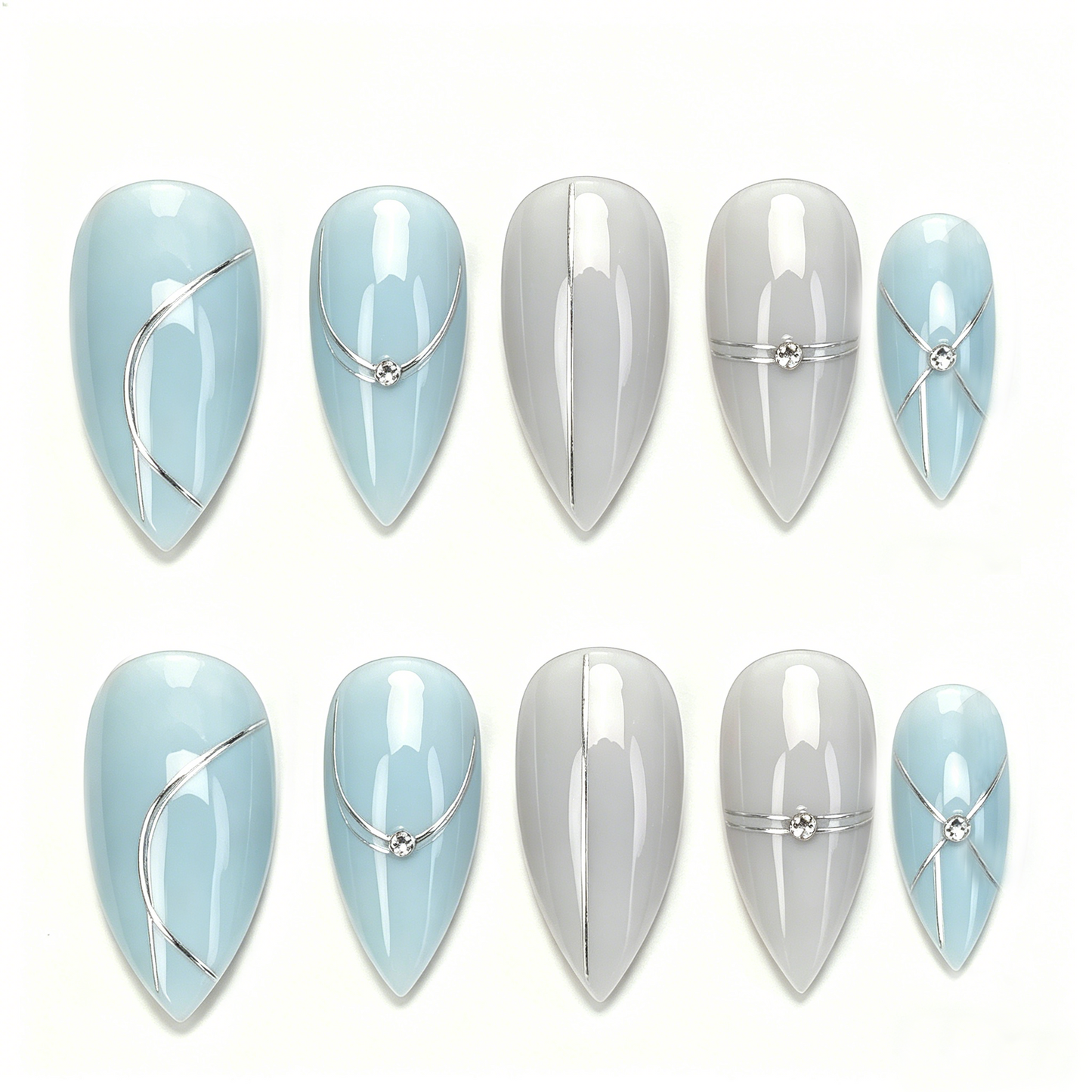 Blue Grey Minimal Line Geometric Almond Nails