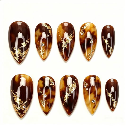 Amber Tortoiseshell Gold Foil Luxury Almond Nails
