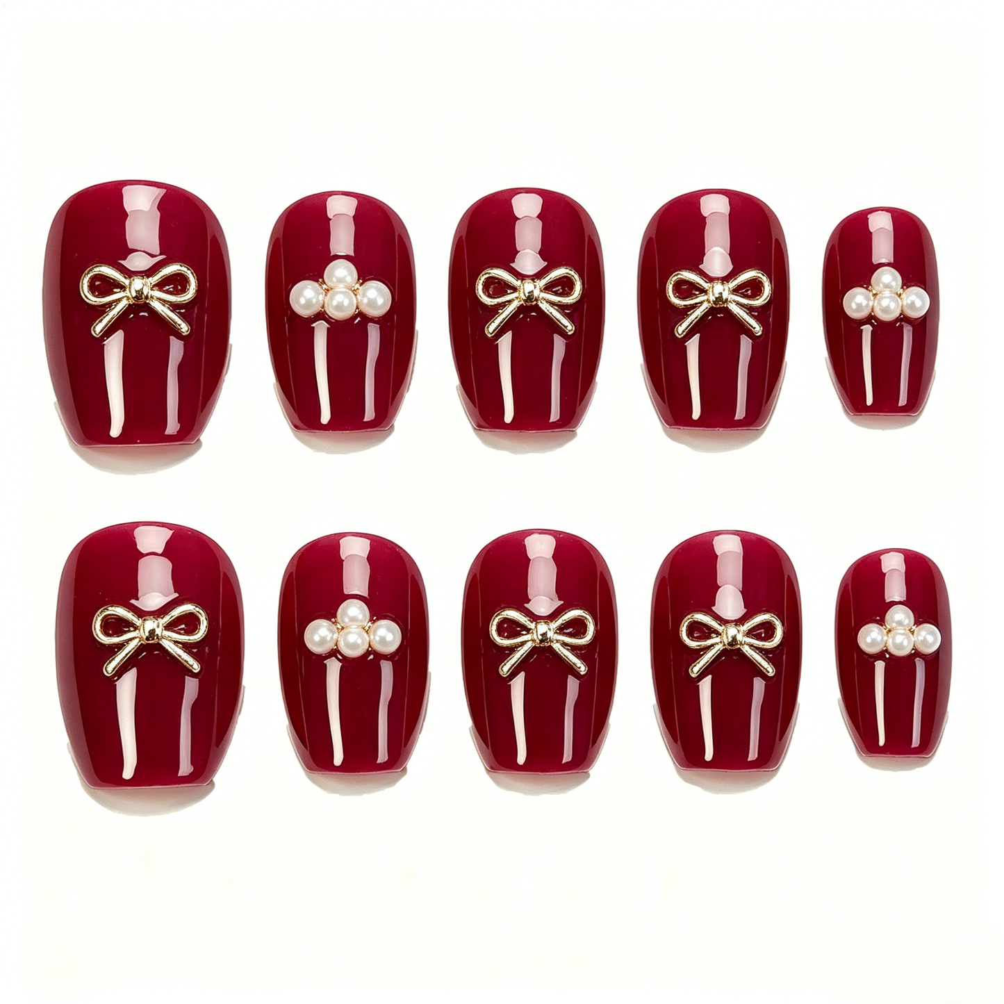 Burgundy Gold Bow Pearl Square Nails