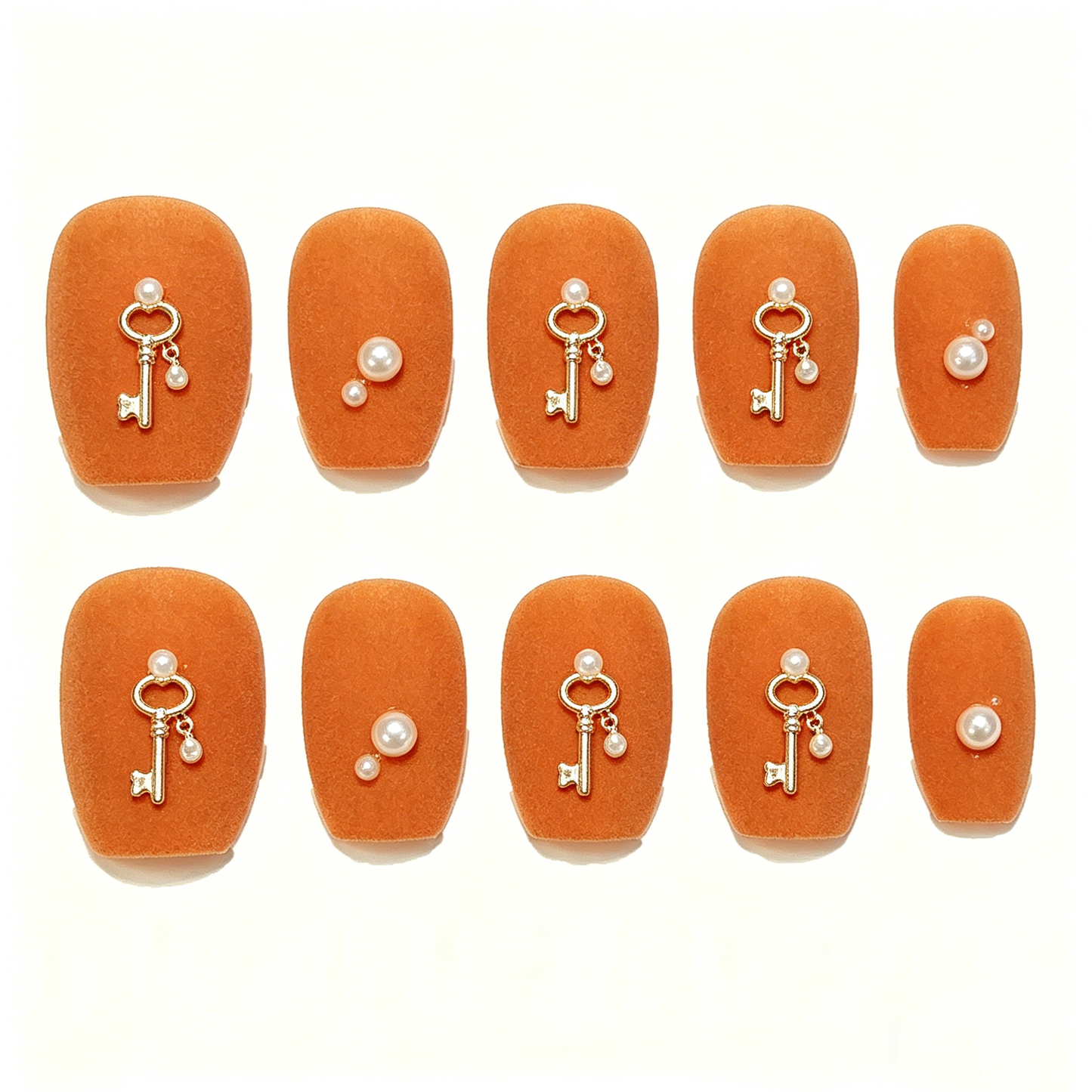 Velvet Orange Gold Key Pearl Square Nails