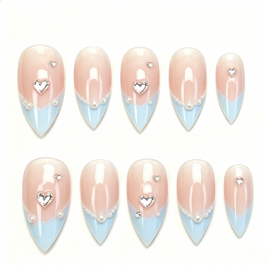 Blue Tip Heart Pearl Nails