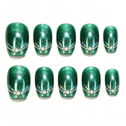 Emerald Glitter Pearl Mermaid Square Nails
