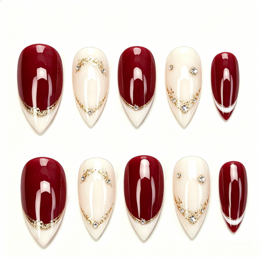 Wine Red Gold French Nails