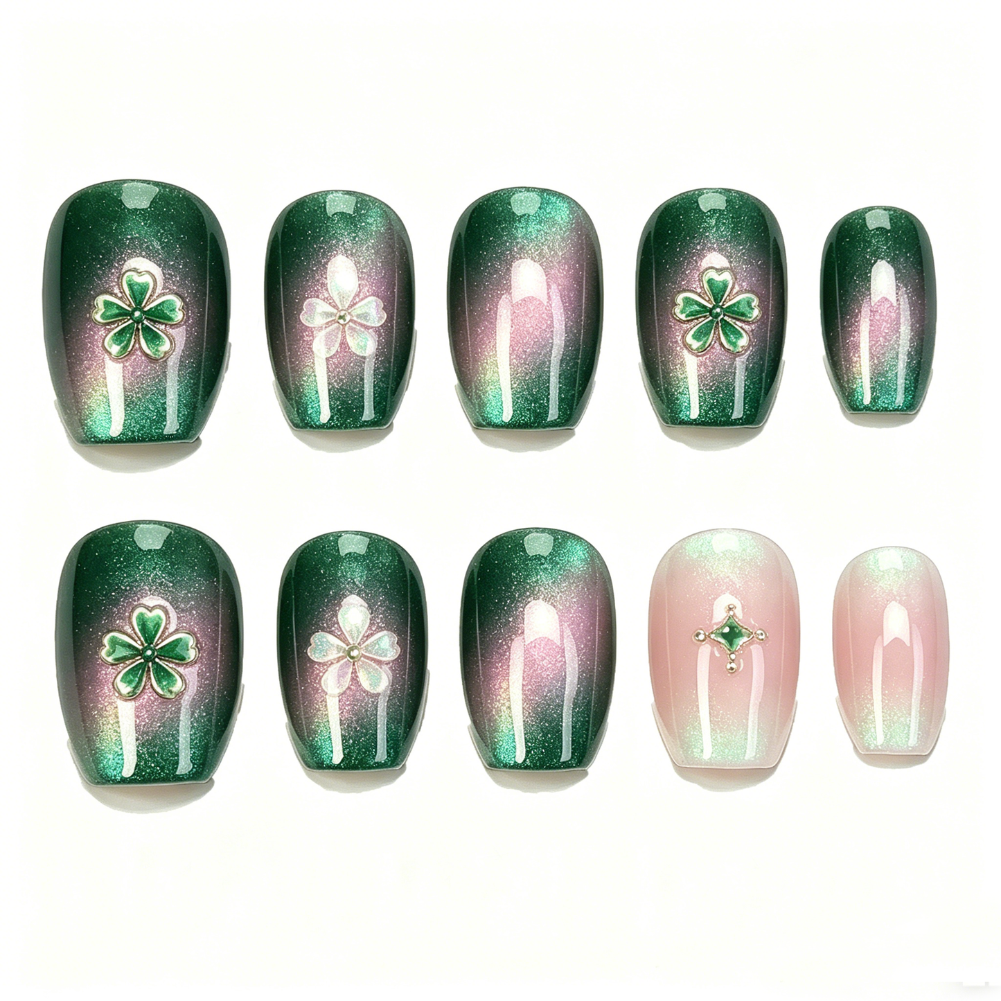 Green Pink Gradient Clover Cat Eye Nails