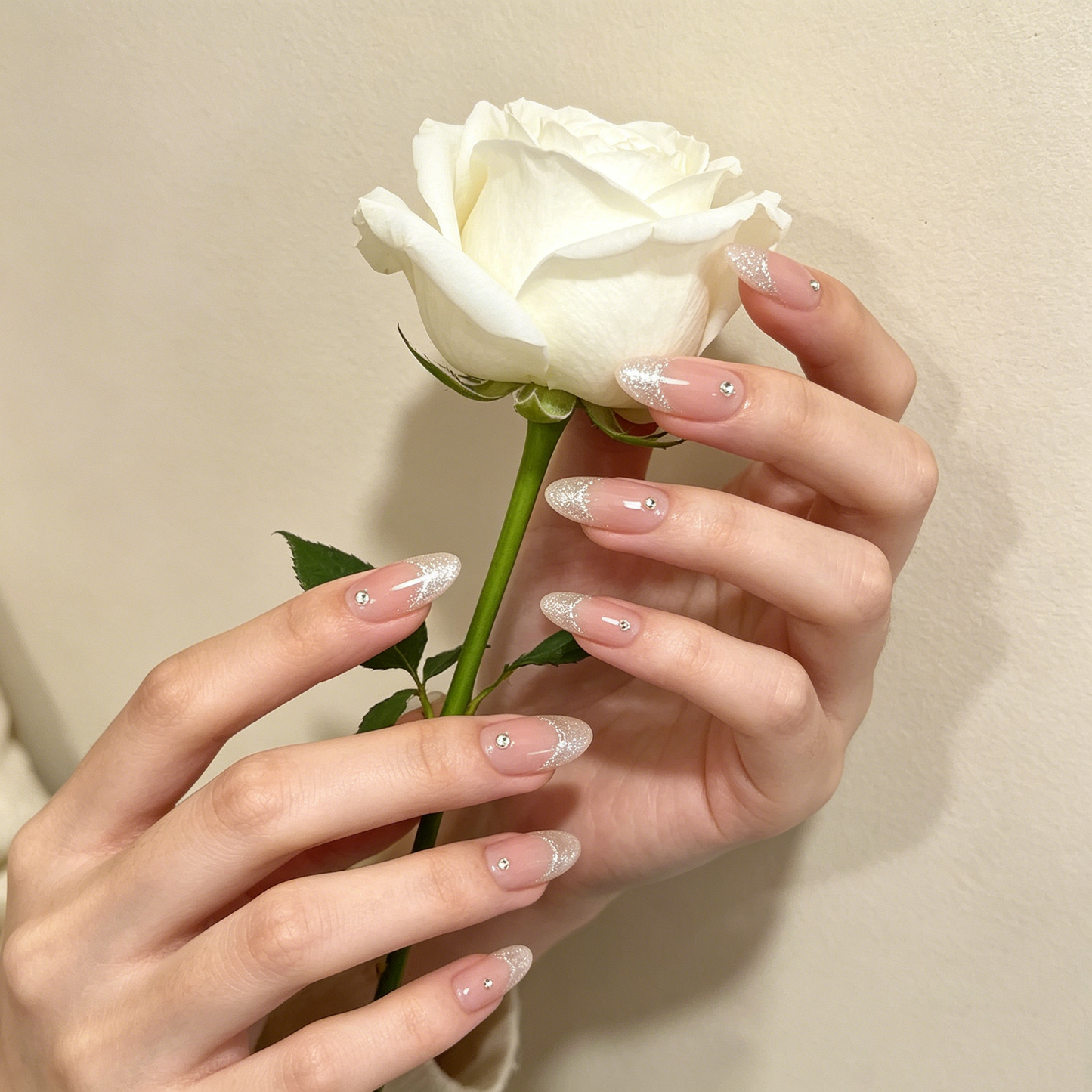 Blush Glitter Diamond Nails