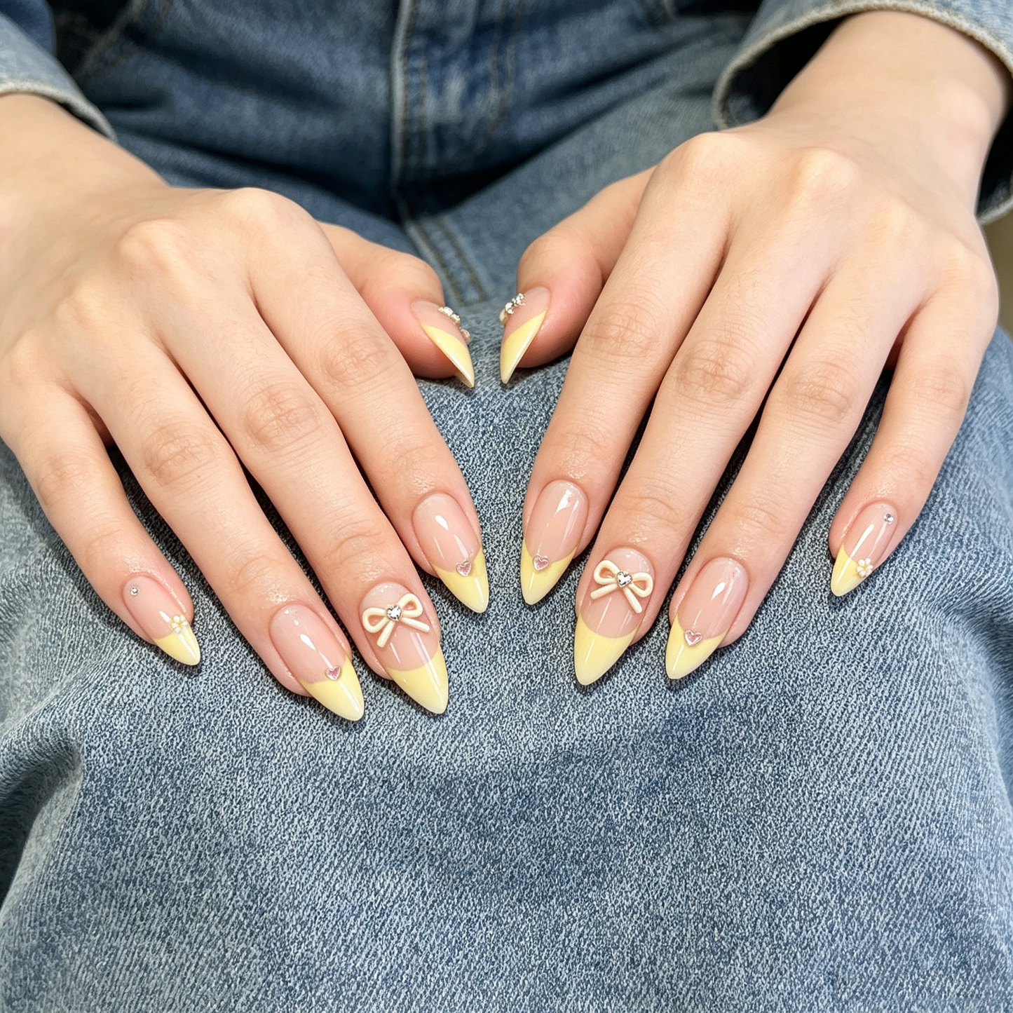 Milk Yellow Bow French Almond Nails