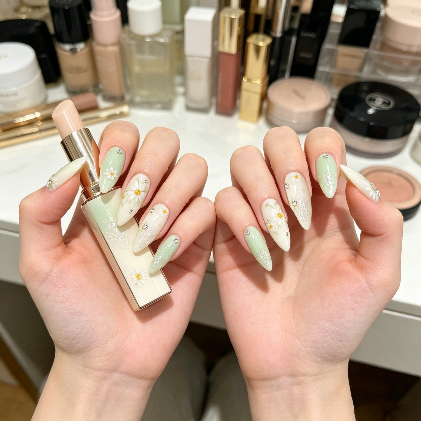 Hand-painted Daisy Gradient Almond Nails