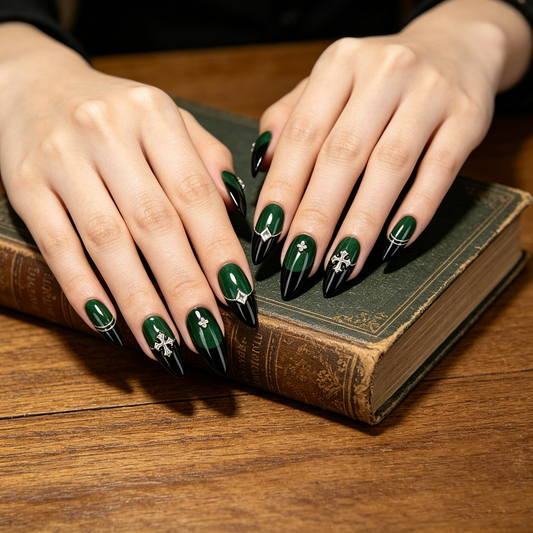 Dark Green Gothic Cross Cool Almond Nails
