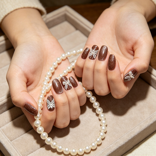 Brown Lace Bow Glitter Square Press On Nails