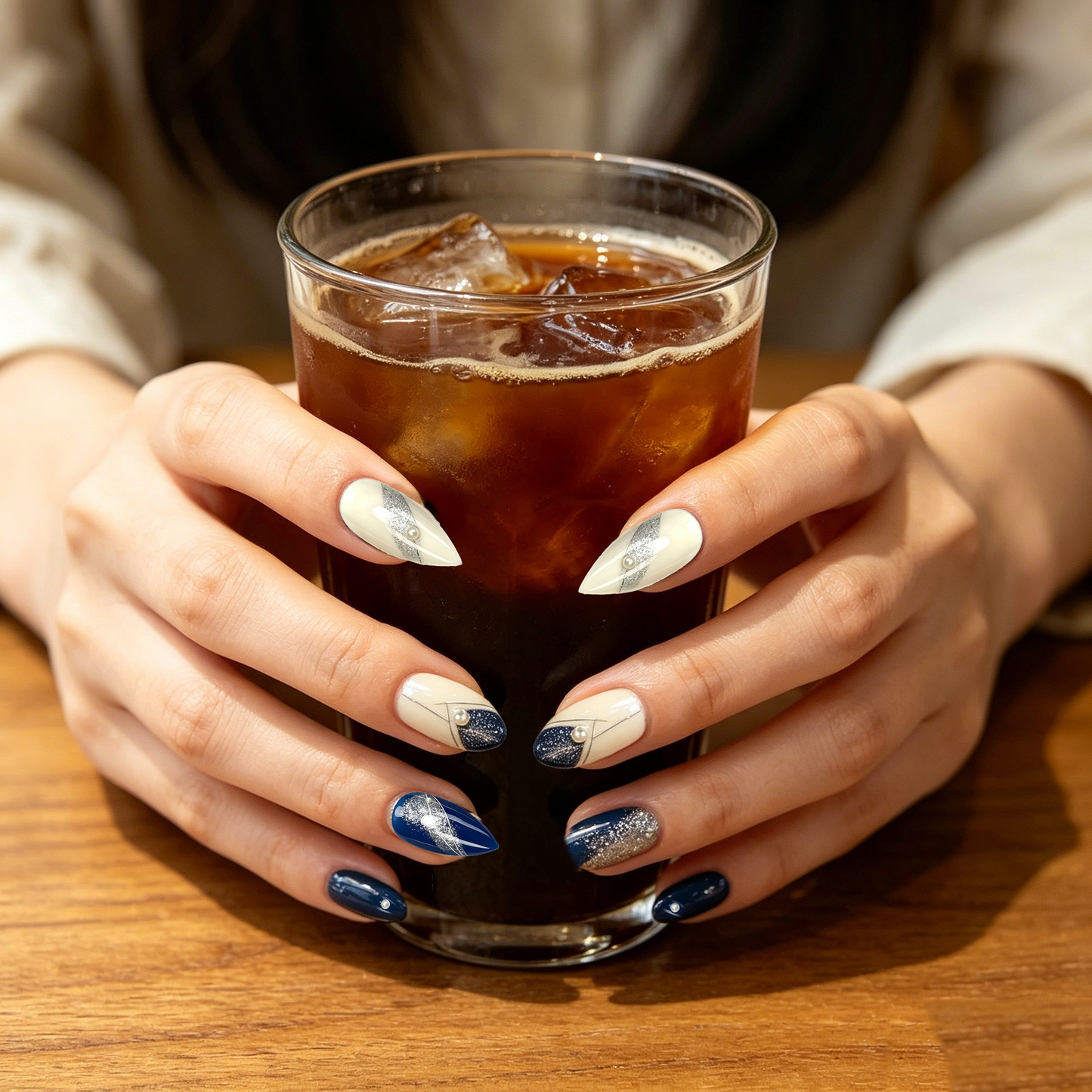 Navy Blue Silver Geometric Almond Nails