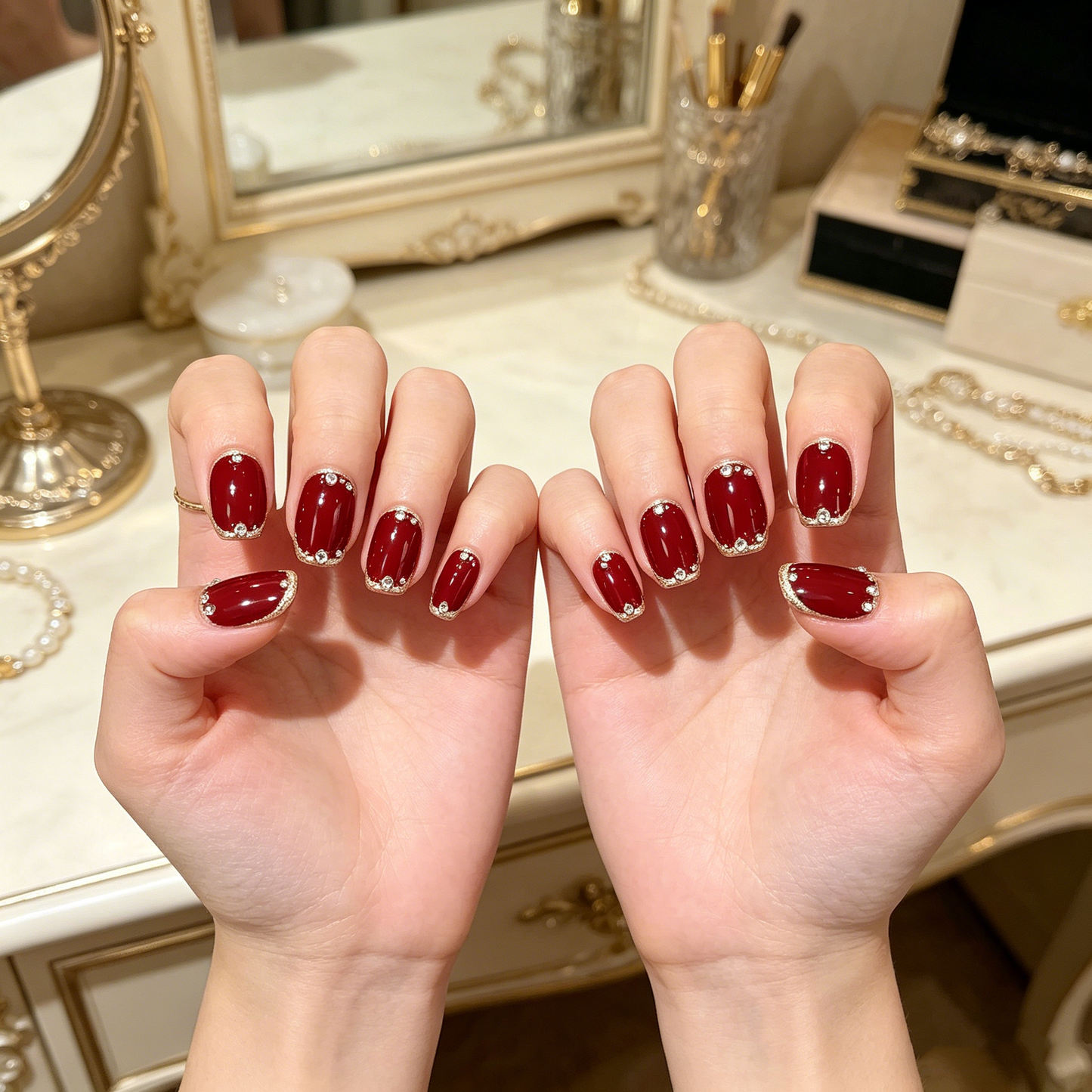 Burgundy Gold Edge Diamond Square Nails