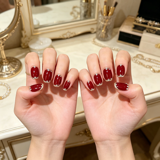 Burgundy Gold Edge Diamond Square Nails