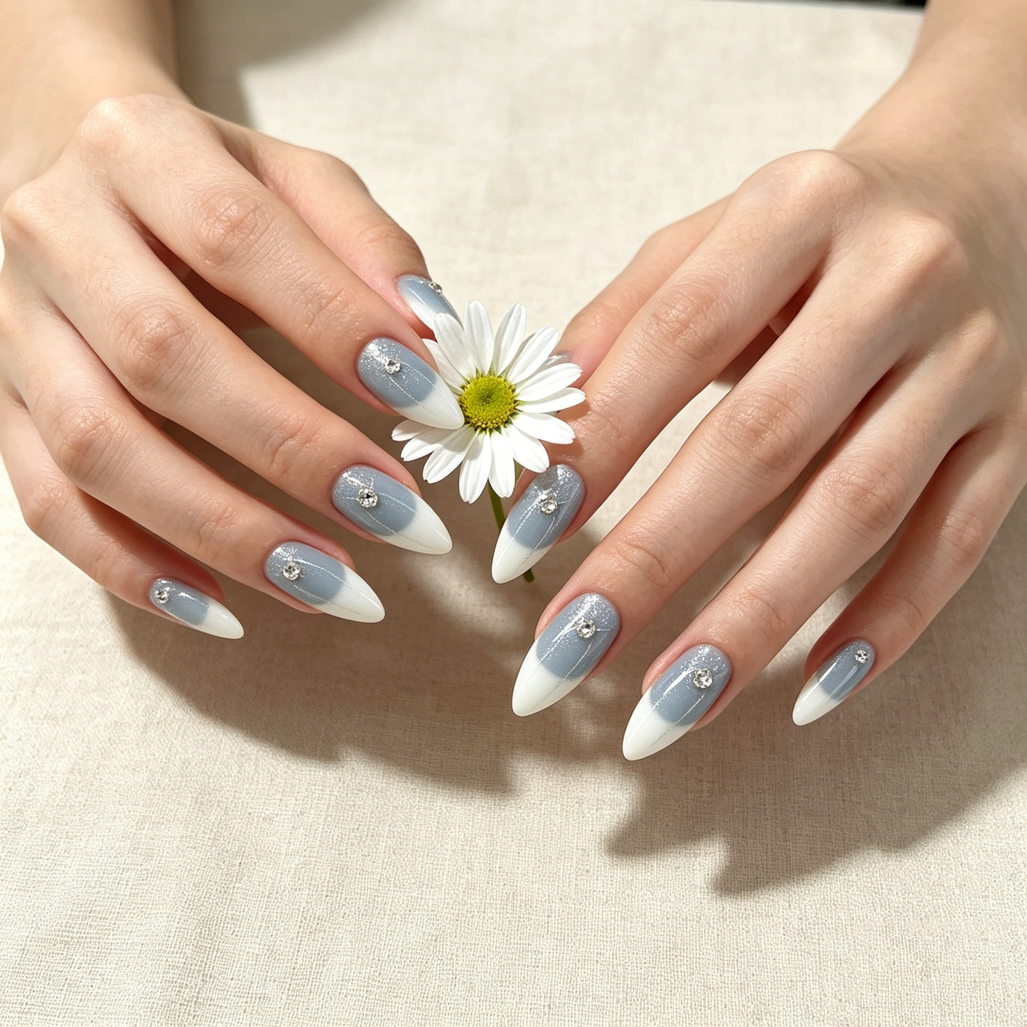 Haze Blue Cat Eye French Almond Nails