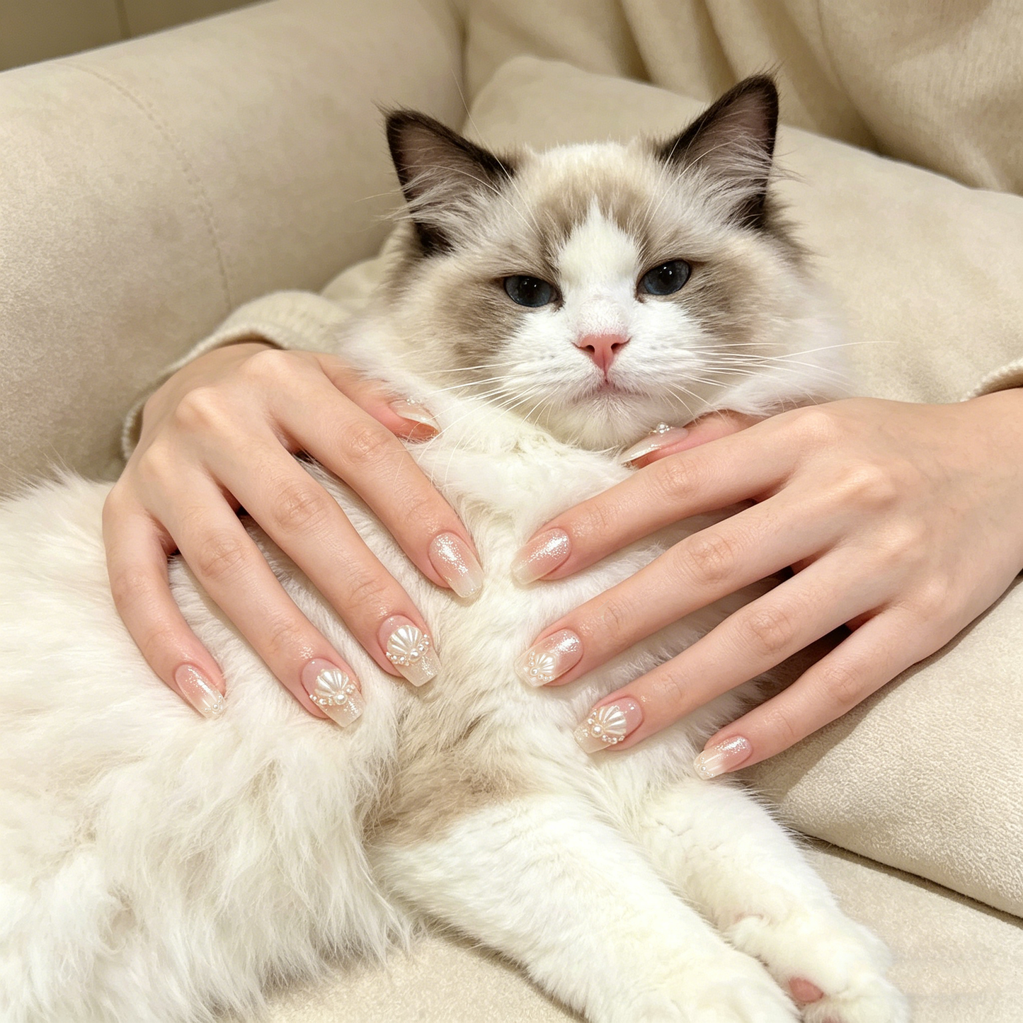 Nude Seaside Shell Pearl Round Press On Nails
