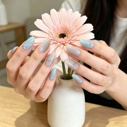Blue Grey Minimal Line Geometric Almond Nails