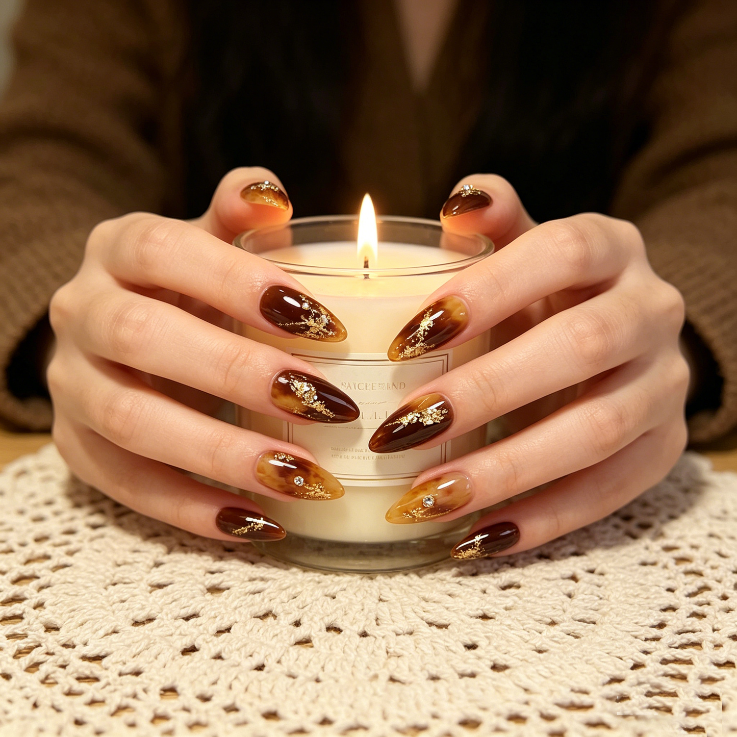 Amber Tortoiseshell Gold Foil Luxury Almond Nails