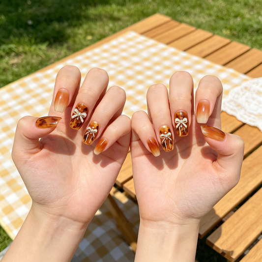 Amber Tortoiseshell Pearl Bow Square Nails