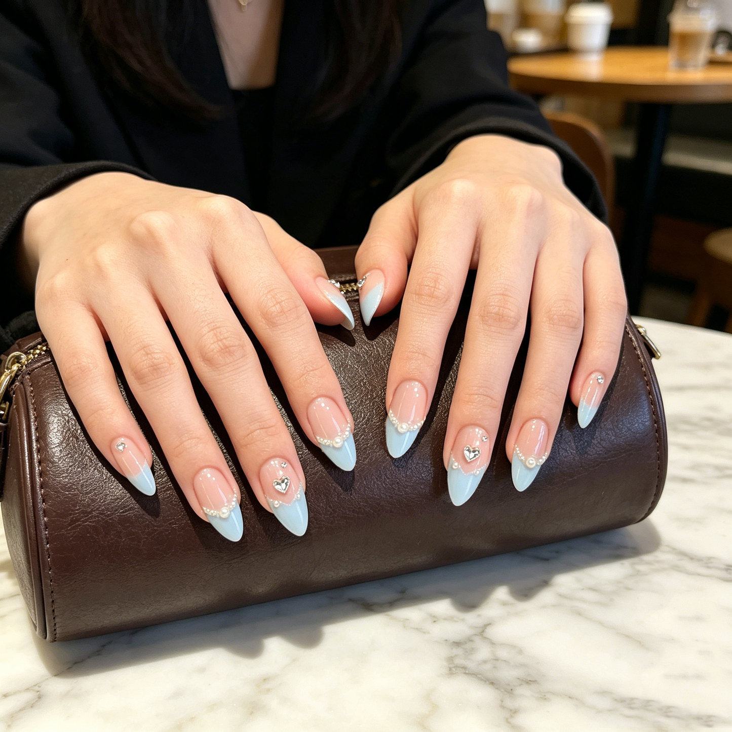 Blue Tip Heart Pearl Nails