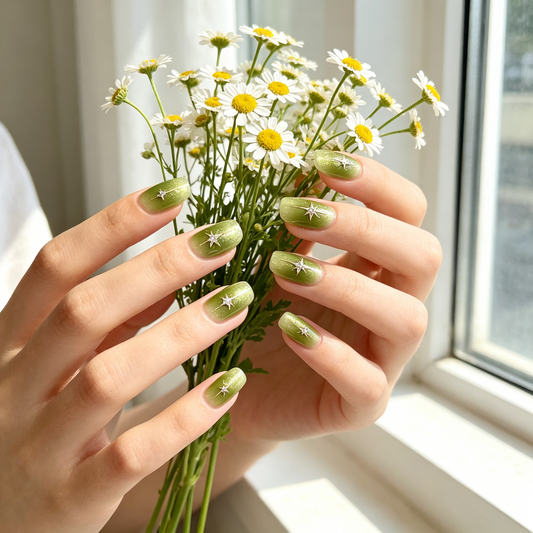 Green Cat Eye Gold Star Square Nails
