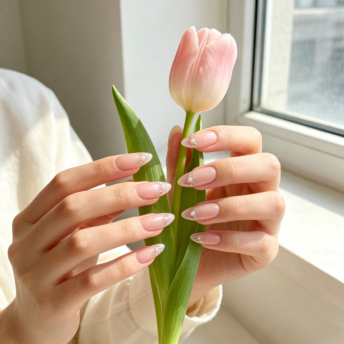 Pink Glitter Pearl Tip Nails