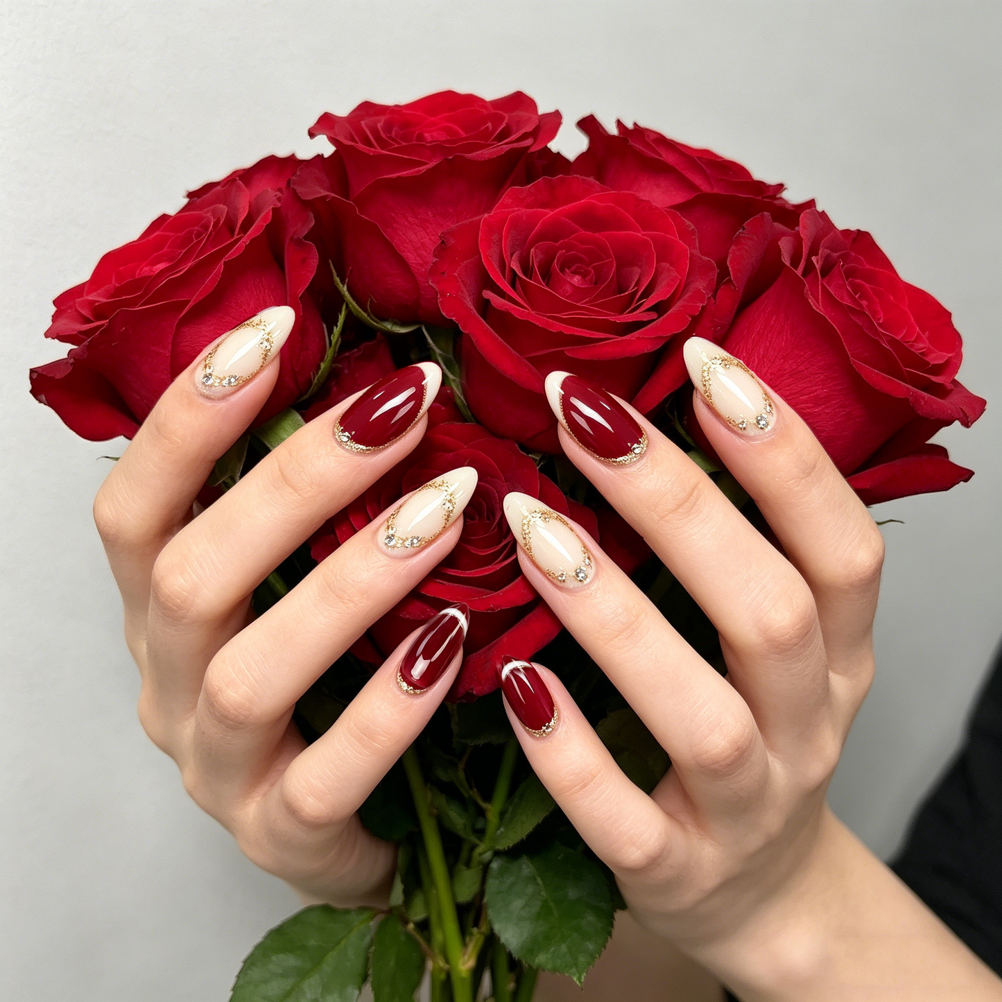 Wine Red Gold French Nails