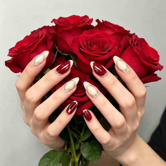 Wine Red Gold French Nails