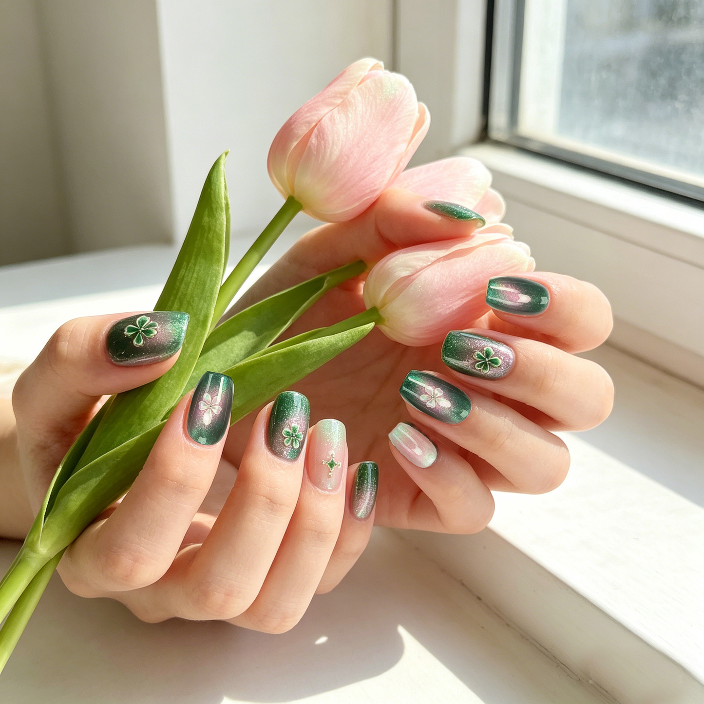 Green Pink Gradient Clover Cat Eye Nails