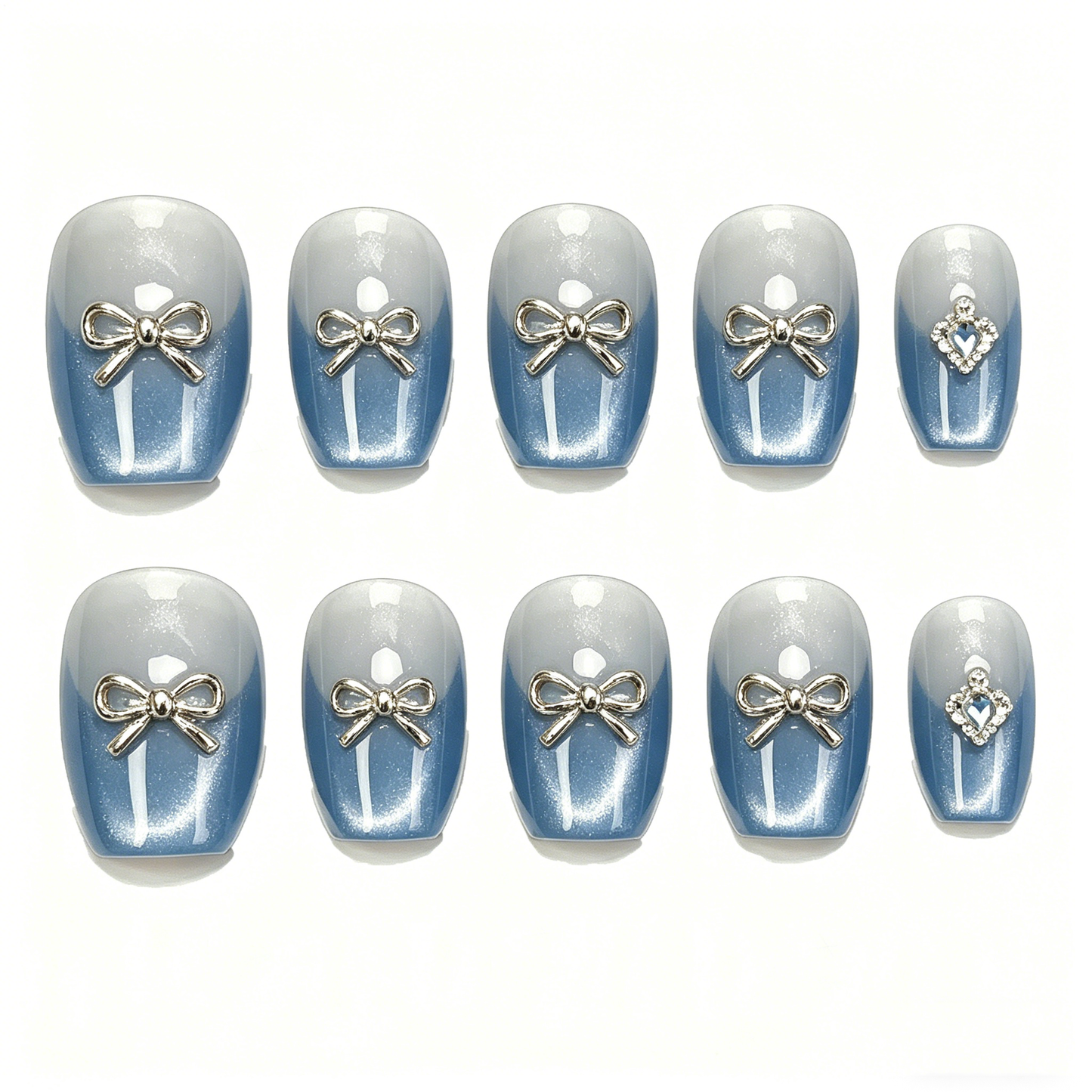Blue White Gradient Silver Bow Square Nails