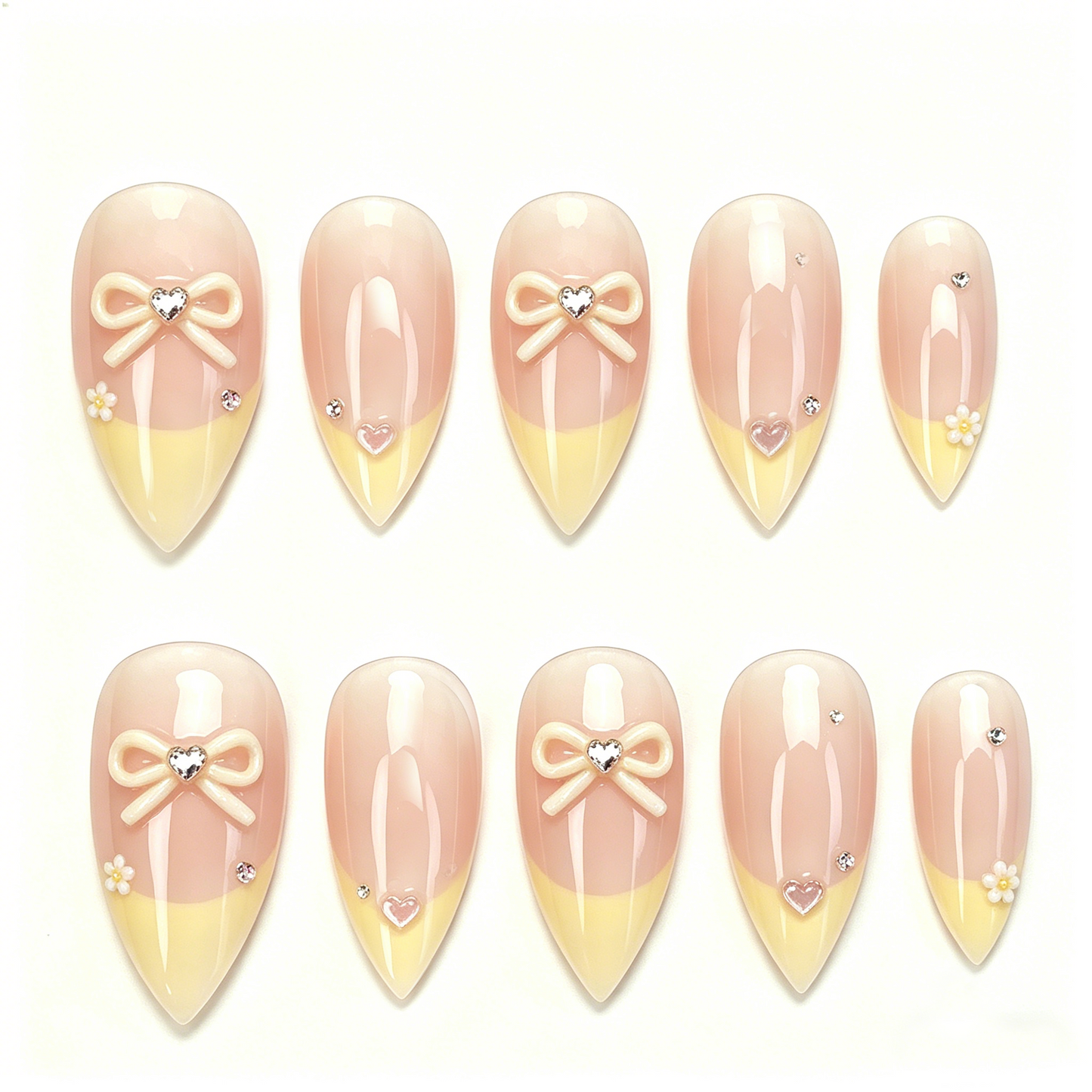 Milk Yellow Bow French Almond Nails