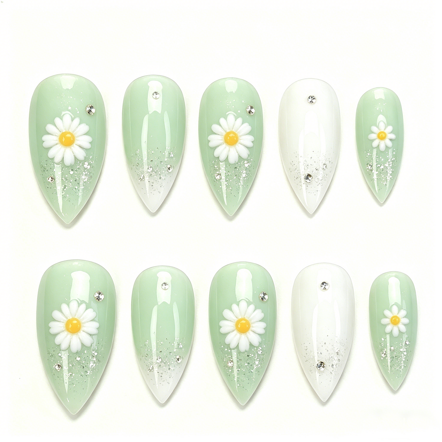 Mint Green 3D Daisy Fresh Almond Nails
