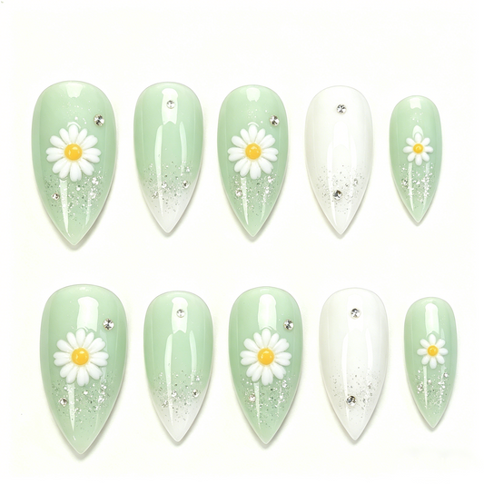 Mint Green 3D Daisy Fresh Almond Nails