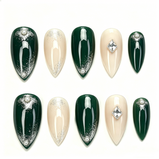 Forest Green Pearl Shimmer Almond Nails