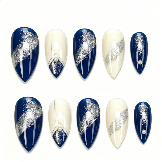 Navy Blue Silver Geometric Almond Nails