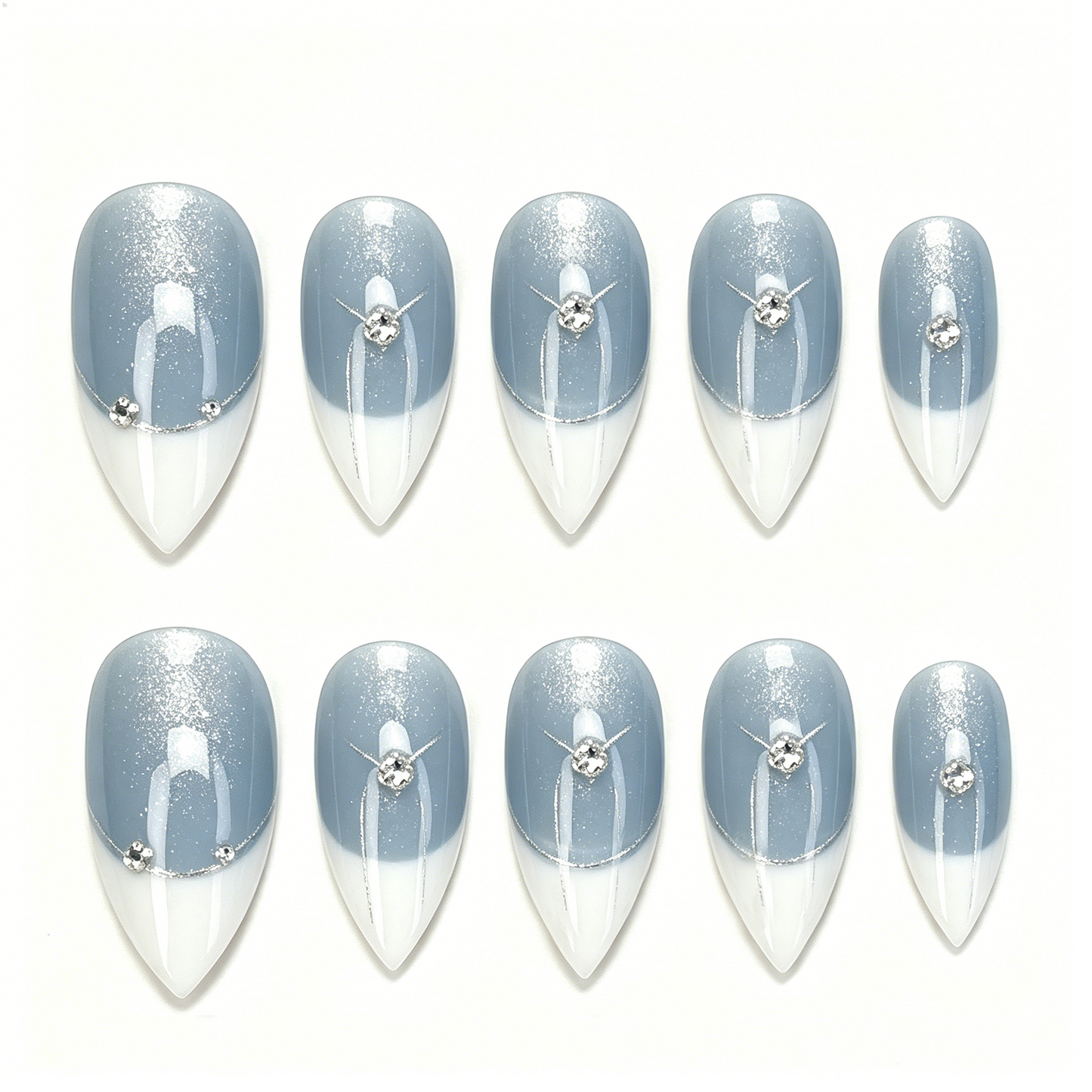 Haze Blue Cat Eye French Almond Nails