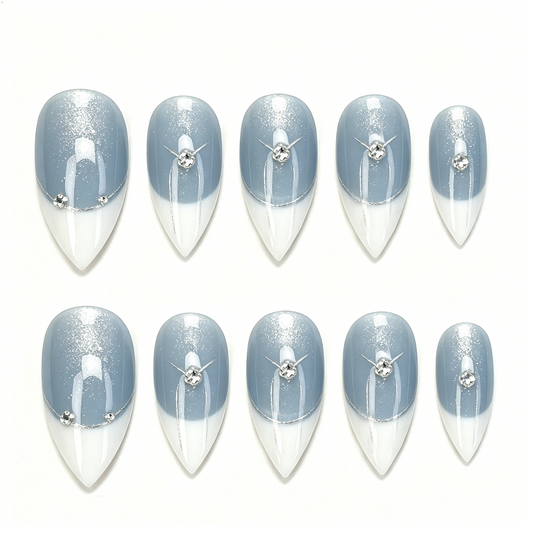 Haze Blue Cat Eye French Almond Nails