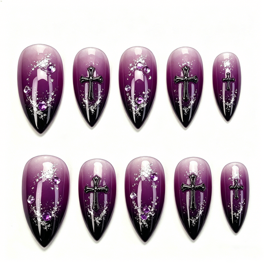 Dark Purple Gothic Cross Stiletto Press On Nails