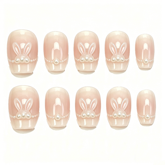 Pink Cute Bunny Pearl Round Press On Nails