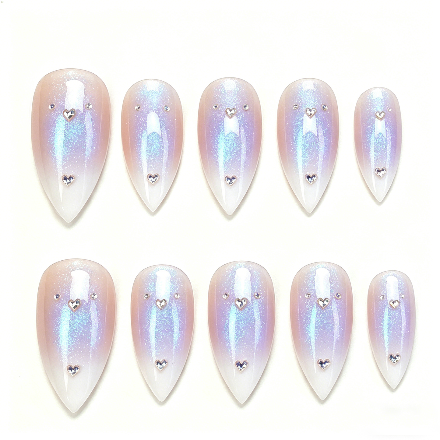 Aurora Blue-pink Heart Glitter Stiletto Press On Nails