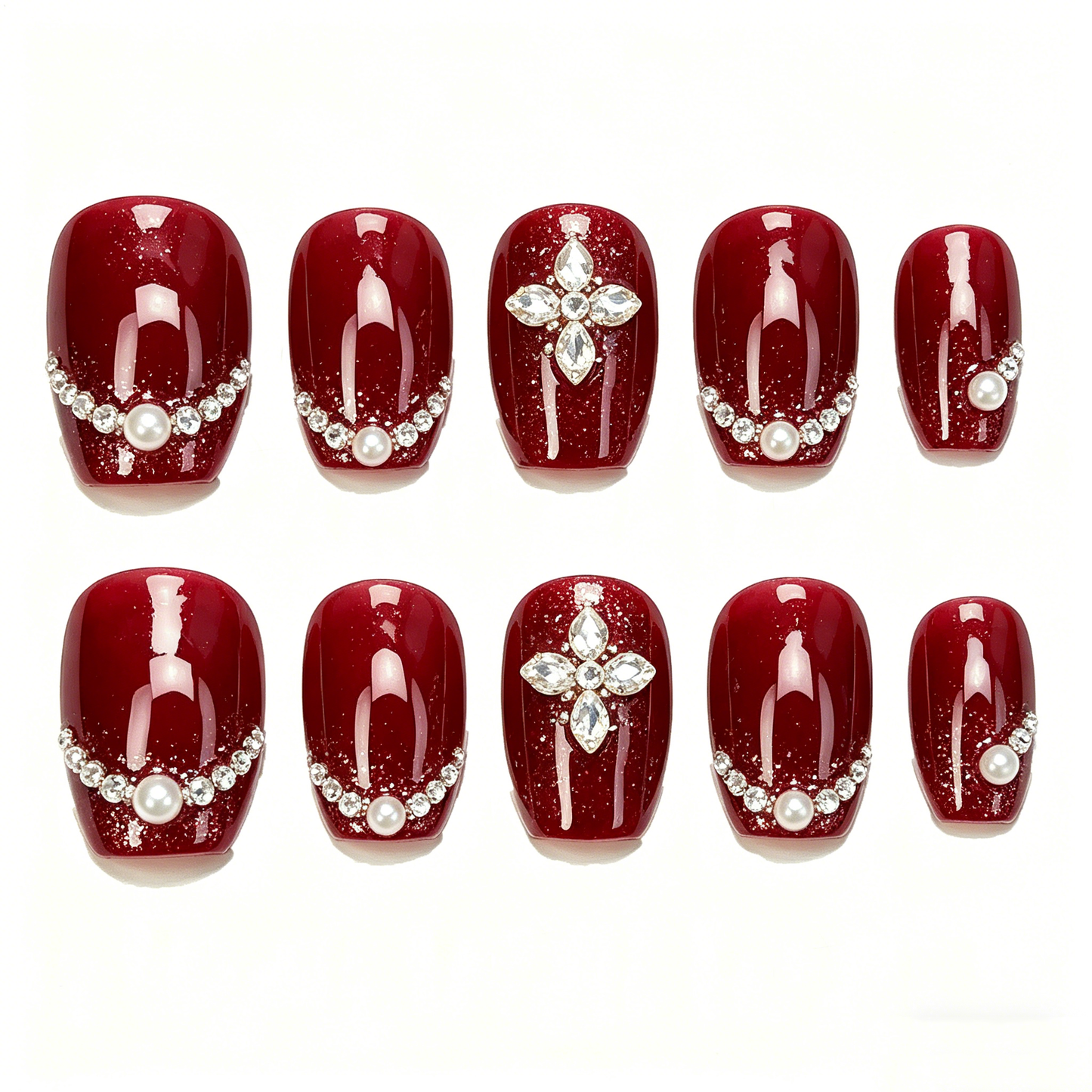 Burgundy Glitter Pearl Flower Square Nails