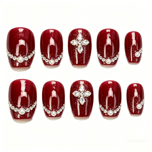 Burgundy Glitter Pearl Flower Square Nails